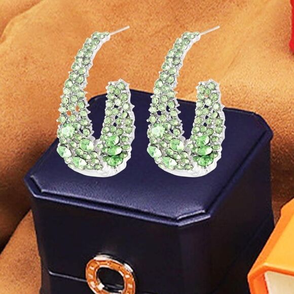 18k White Gold and 925 Sterling Silver with Green Peridot Crystal Hoop Earrings - Picture 2 of 5